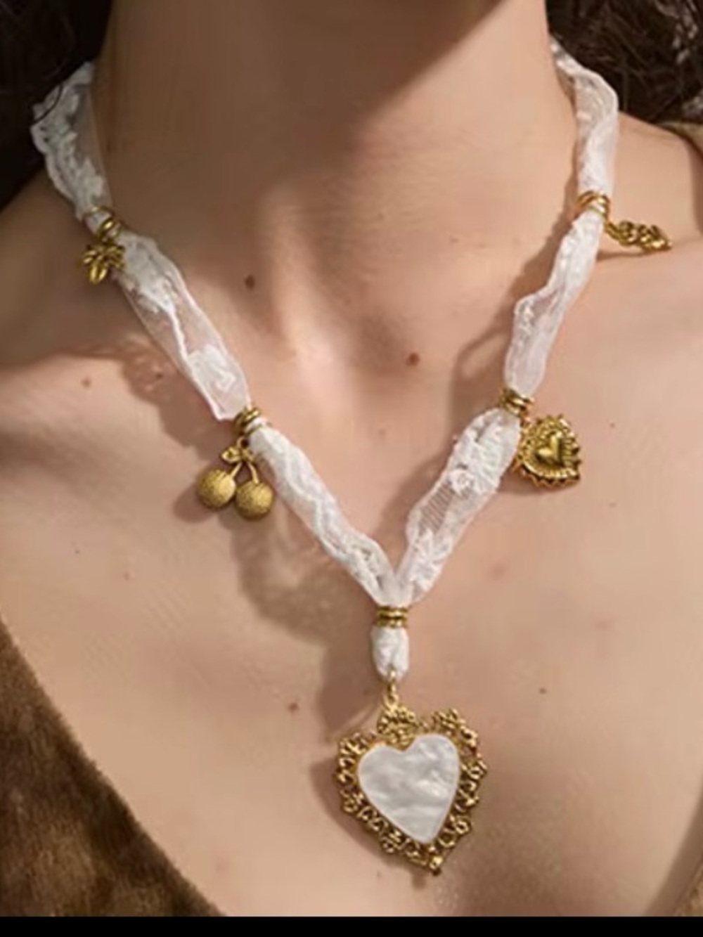 Gold Heart Pendant Necklace with White Lace Accent